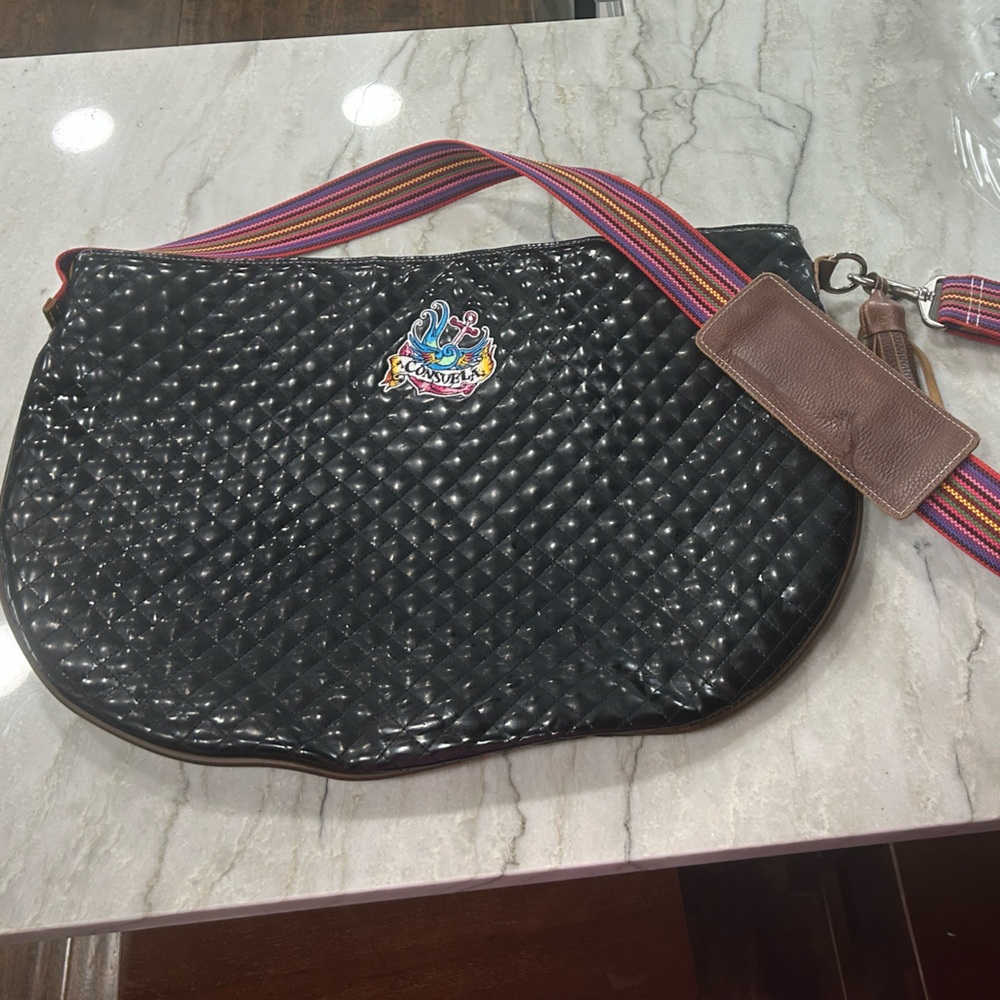 Consuela Quilted Black Crossbody Travel Bag with Multicolor Strap